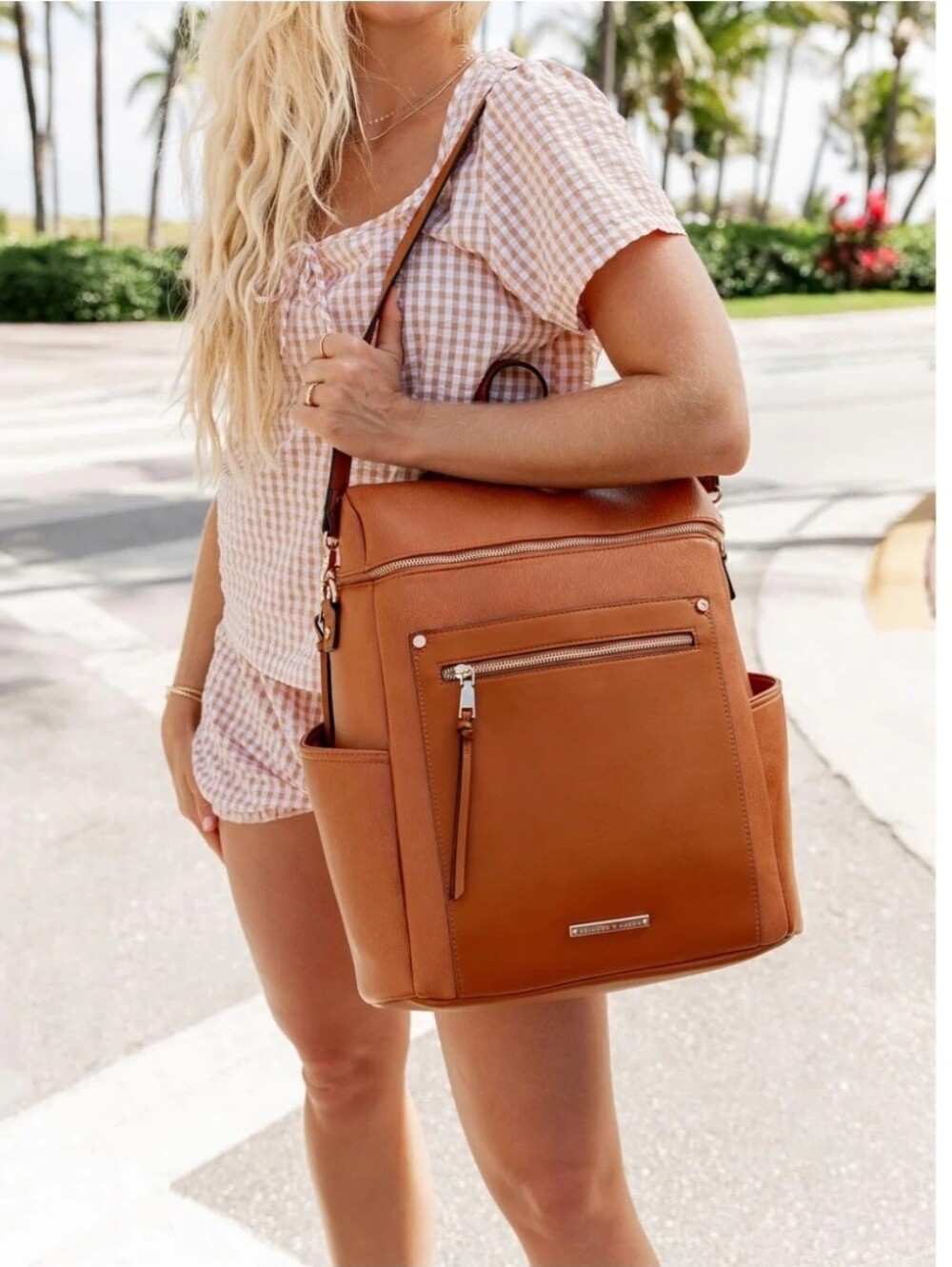 NWT Poppy & Peonies Commuter Backpack Camel Vegan Leather Laptop Travel Work Bag - Picture 6 of 8